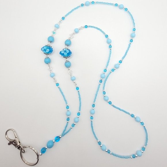 Turquoise Blue Flowers, Beaded Lanyard for Women, Badge, ID Holder, Keychain - Picture 3 of 5